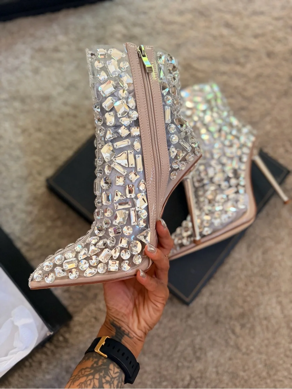 Azalea Wang Drippy Glass Crystal Embellished Stiletto Ankle Boots